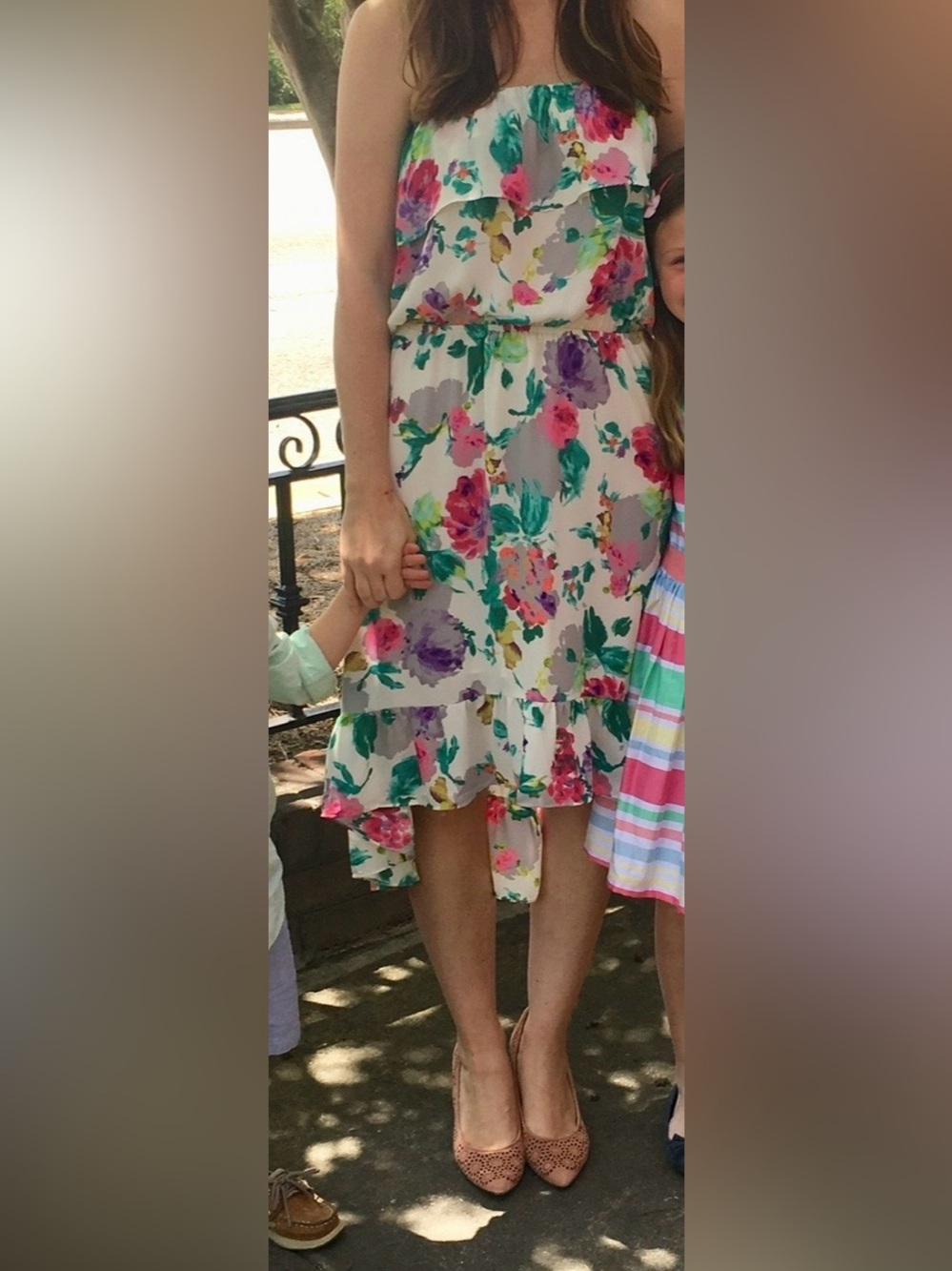 Izzy & Lola White Floral High-Low Dress with Pink, Purple & Green Print